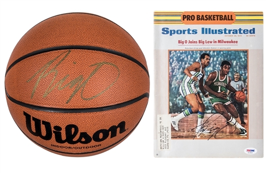 Lot of (2) Oscar Robertson Signed Wilson Basketball & Sports Illustrated (PSA/DNA)